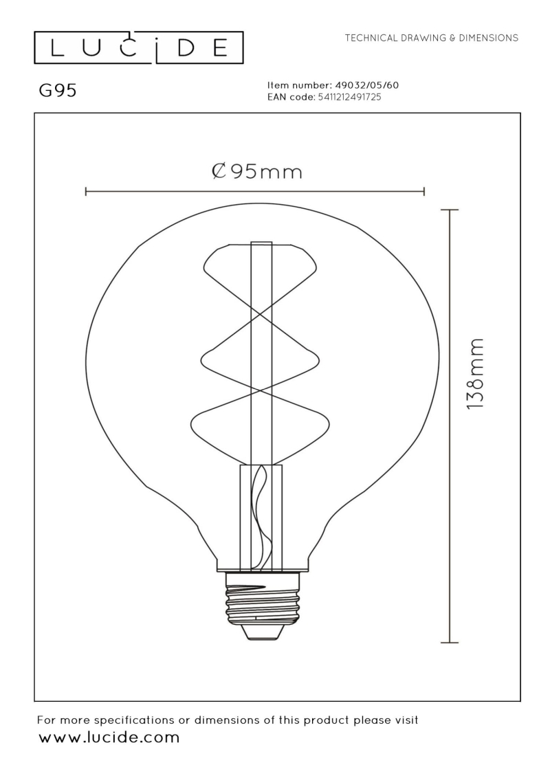 Lucide G95 - Vláknová žiarovka - Ø 9,5 cm - LED Rozm. - E27 - 1x4,9W 2700K - Transparent